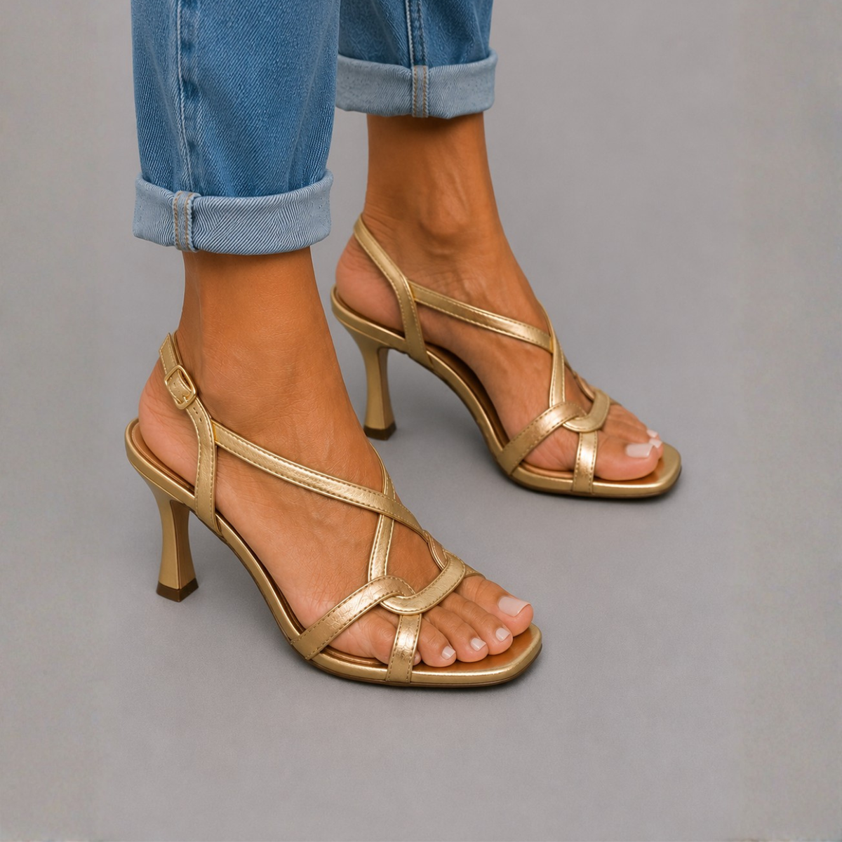Frida — Golden Strappy Kitten-Heel Sandals