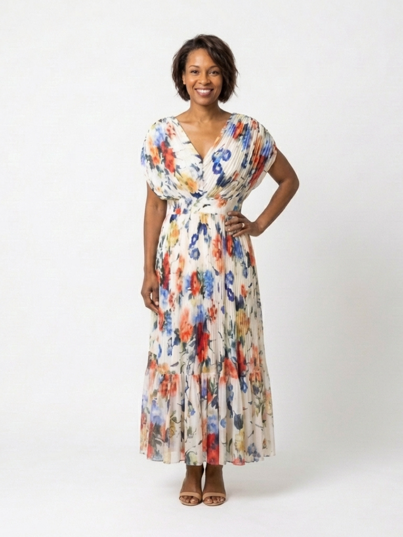 Radka — Multicolour Floral V-Neck Midi Dress with Flutter Sleeves