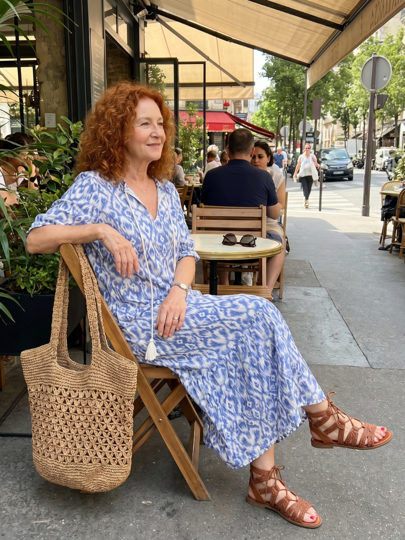 Philippine — Blue and White Ikat-Print Tassel-Tie Maxi Dress with Short Sleeves