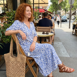 Philippine — Blue and White Ikat-Print Tassel-Tie Maxi Dress with Short Sleeves