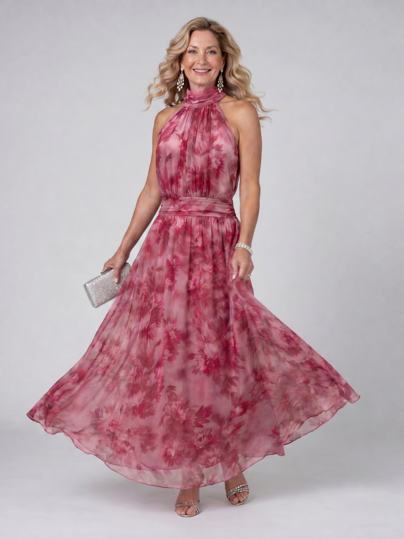 Marthe — Pink Floral Halter Midi Dress with Gathered Bodice