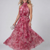 Marthe — Pink Floral Halter Midi Dress with Gathered Bodice