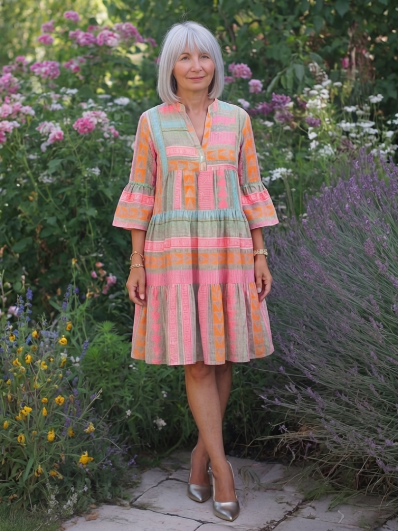 Fainche — Colour-Block Print Tiered Knee-Length Dress with V-Neck and Bell Sleeves