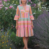 Fainche — Colour-Block Print Tiered Knee-Length Dress with V-Neck and Bell Sleeves
