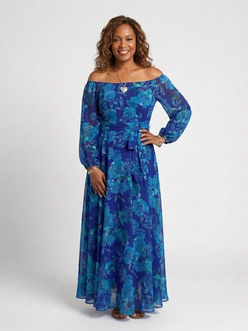 Magnhild — Blue Floral Off-Shoulder Maxi Dress with Long Sleeves