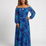 Magnhild — Blue Floral Off-Shoulder Maxi Dress with Long Sleeves