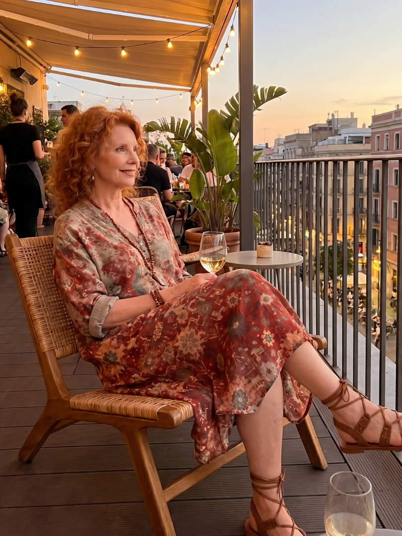 Roswitha — Rust Floral Mixed-Pattern Relaxed Midi Dress with Pockets