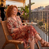 Roswitha — Rust Floral Mixed-Pattern Relaxed Midi Dress with Pockets