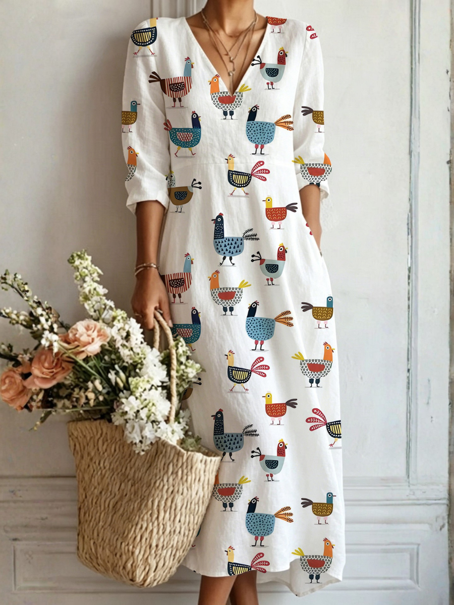 Callie — White Hen-Print V-Neck Boho Maxi Dress