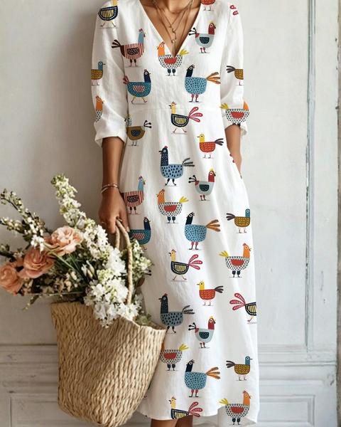 Callie — White Hen-Print V-Neck Boho Maxi Dress