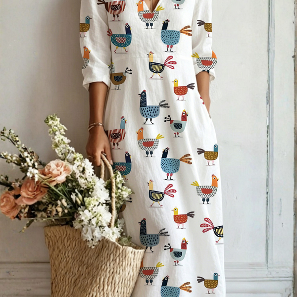 Callie — White Hen-Print V-Neck Boho Maxi Dress