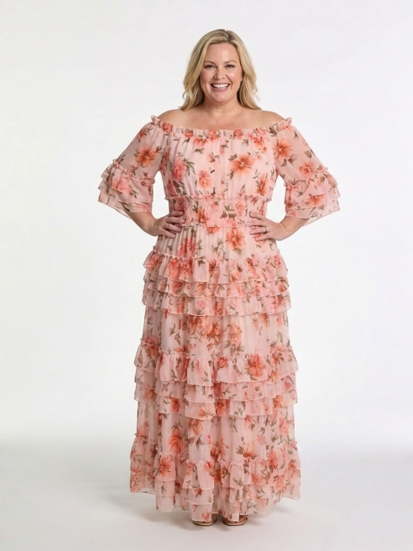 Cynwen — Peach Floral Off-Shoulder Tiered Maxi Dress with Ruffle Hem
