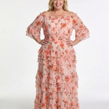 Cynwen — Peach Floral Off-Shoulder Tiered Maxi Dress with Ruffle Hem