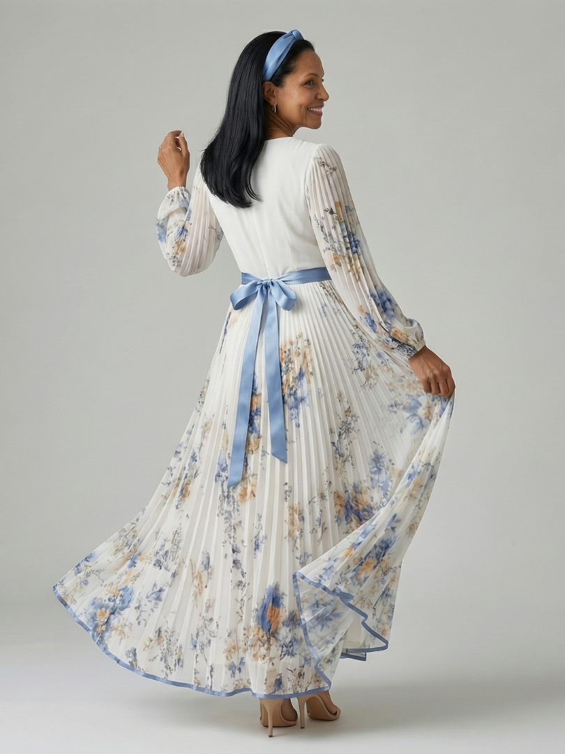 Christabel — Pleated Floral Wrap Dress with Contrast Waist