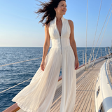 Amarantha — White Pleated Halter-Neck Jumpsuit with Defined Waist