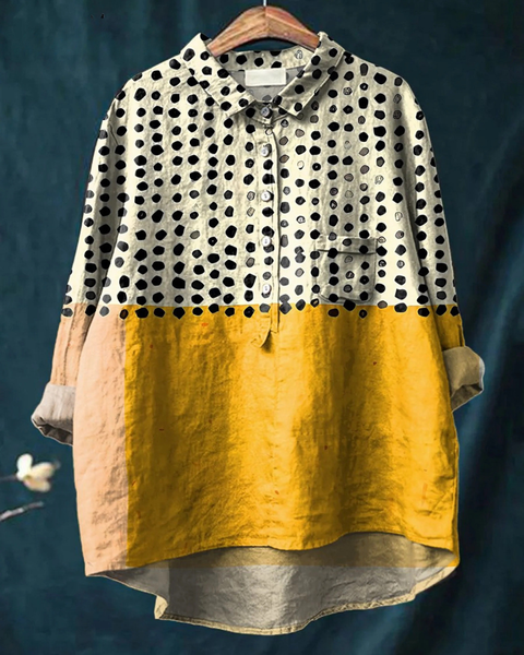 Pelagia — Yellow Dot Colour-Block Print Button-Up Blouse