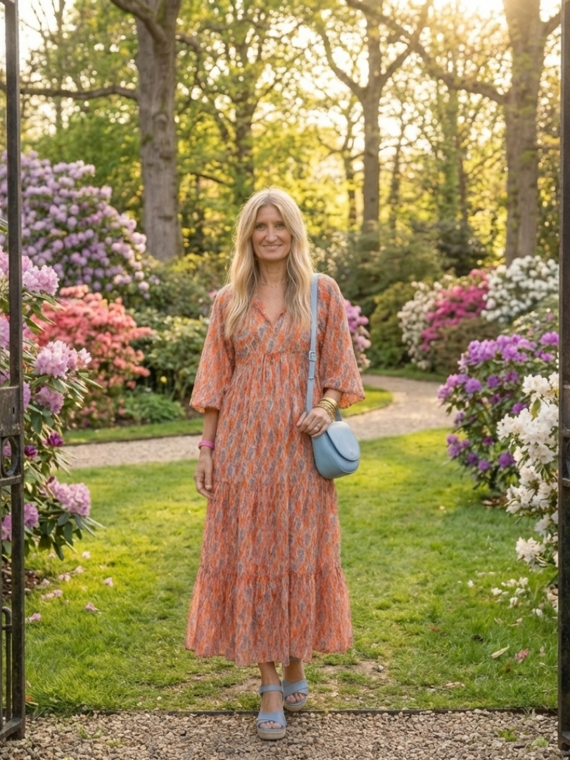 Herta — Orange Ikat-Print Tiered Maxi Dress with Tie Neck and Balloon Sleeves