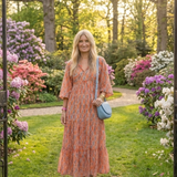 Herta — Orange Ikat-Print Tiered Maxi Dress with Tie Neck and Balloon Sleeves