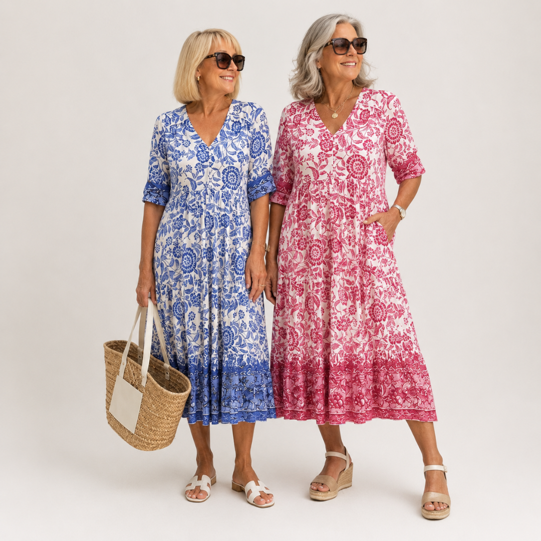 Belinda — Floral V-Neck Tiered Midi Dress