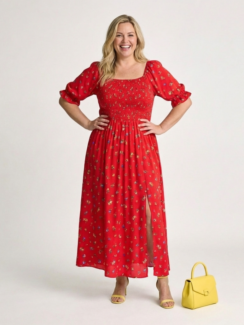 Jorid — Red Square-Neck Maxi Dress with Puff Sleeves and Front Slit