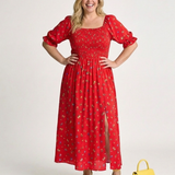 Jorid — Red Square-Neck Maxi Dress with Puff Sleeves and Front Slit