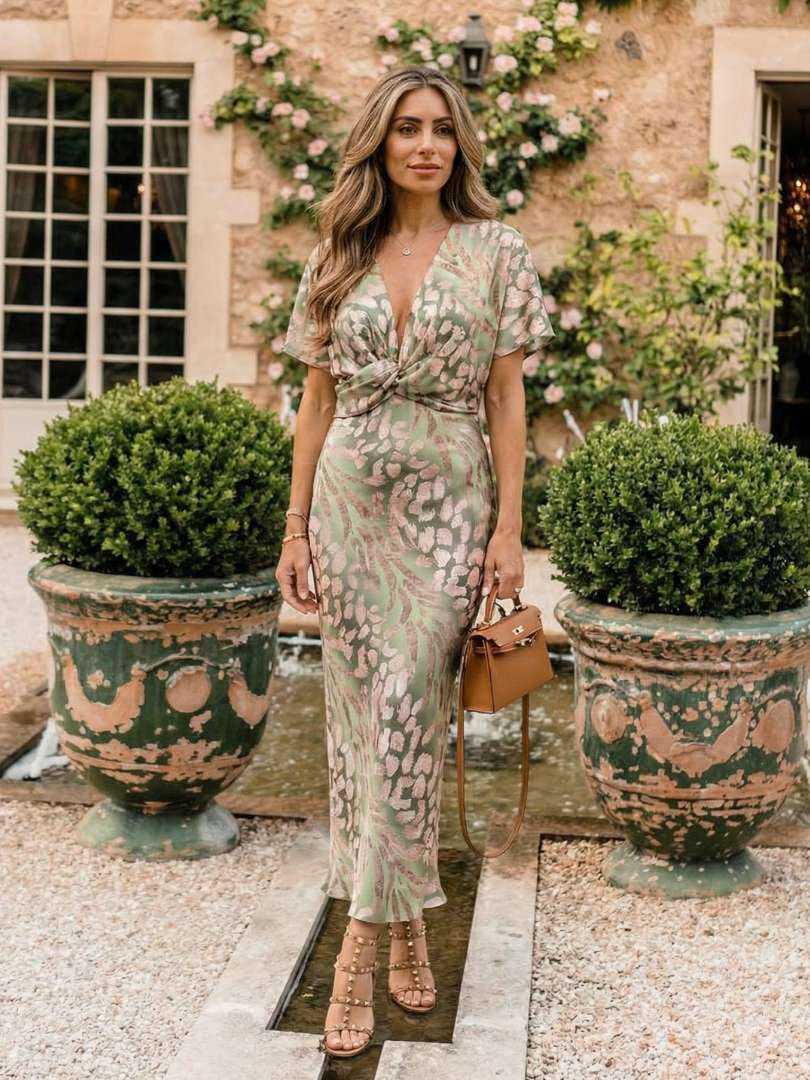 Esyllt — Green Leopard-Print V-Neck Midi Dress with Twist Waist