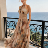 Helga — Watercolour Print Halter Maxi Dress with Lace Waist Panel