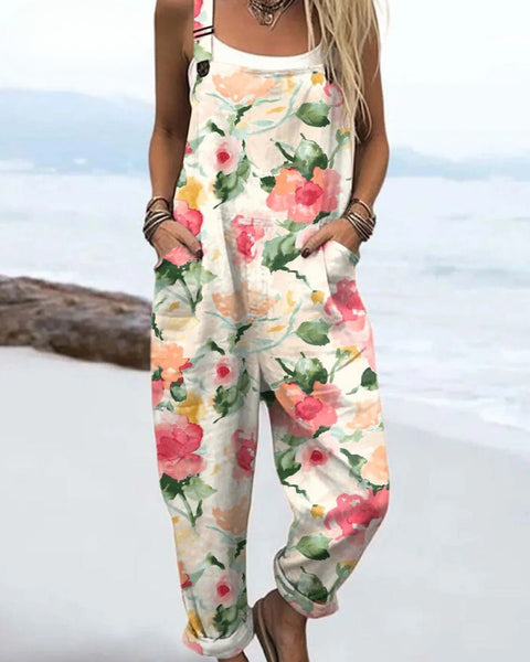 Melody — Pink Rose Floral Print Overalls
