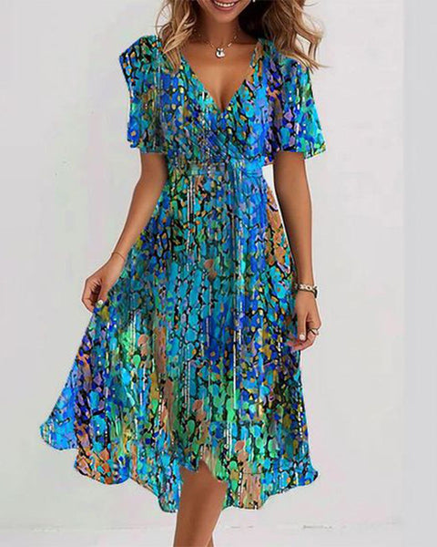 Placida — Blue Boho-Print V-Neck Midi Dress with Gathered Waist