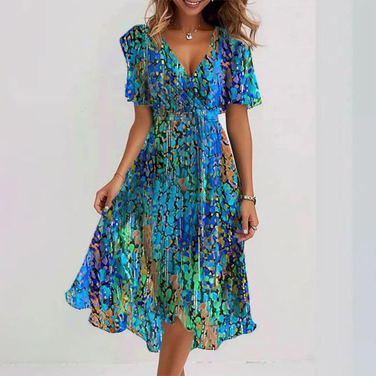 Placida — Blue Boho-Print V-Neck Midi Dress with Gathered Waist