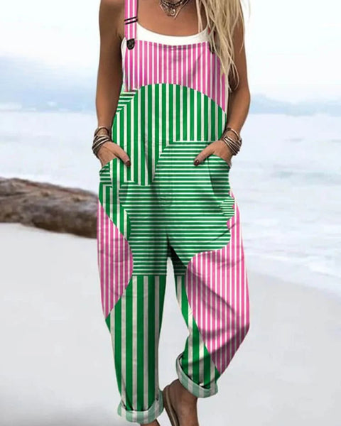 Kizzy — Pink and Green Abstract Stripe Overalls
