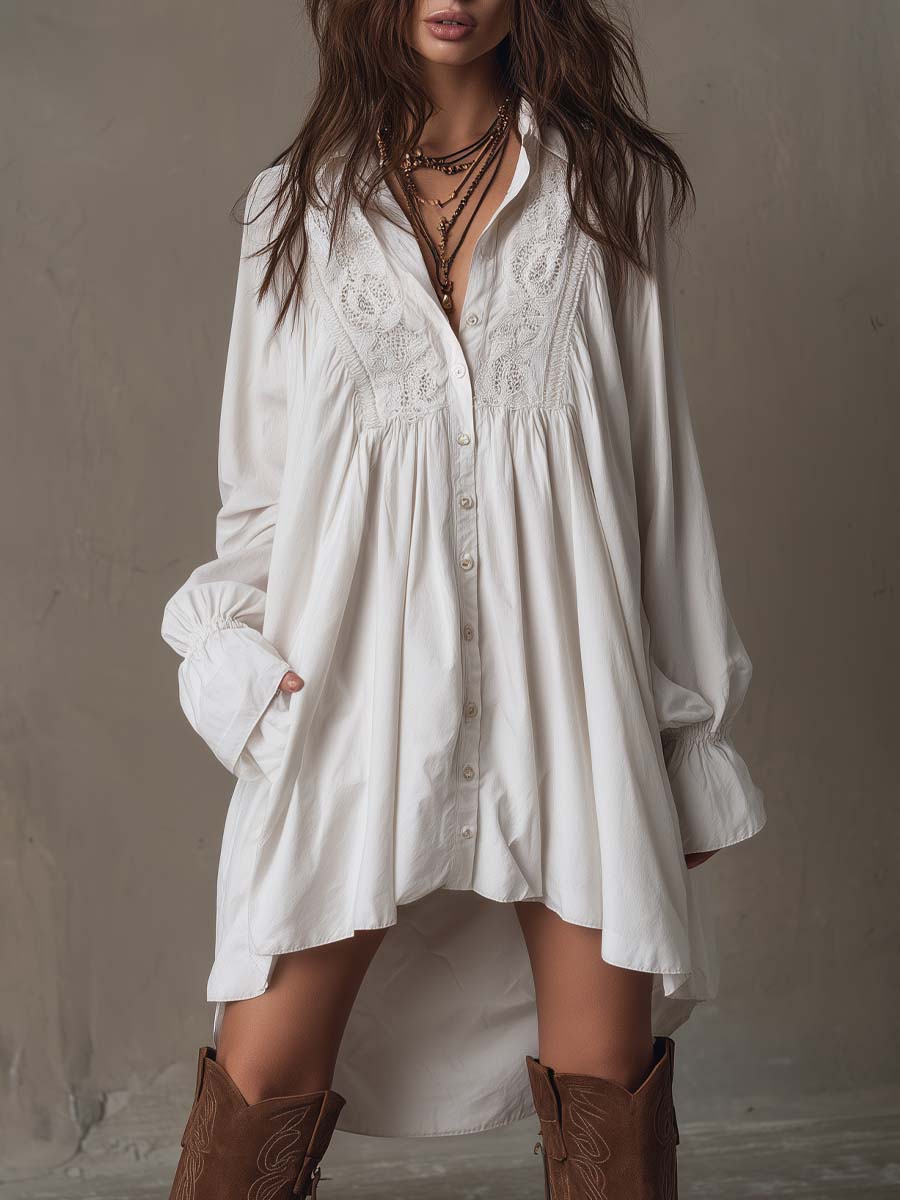 Idony — White High-Low Shirt Dress with Embroidered Yoke and Ruffle Cuffs