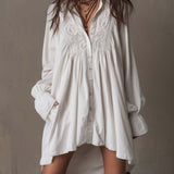 Idony — White High-Low Shirt Dress with Embroidered Yoke and Ruffle Cuffs