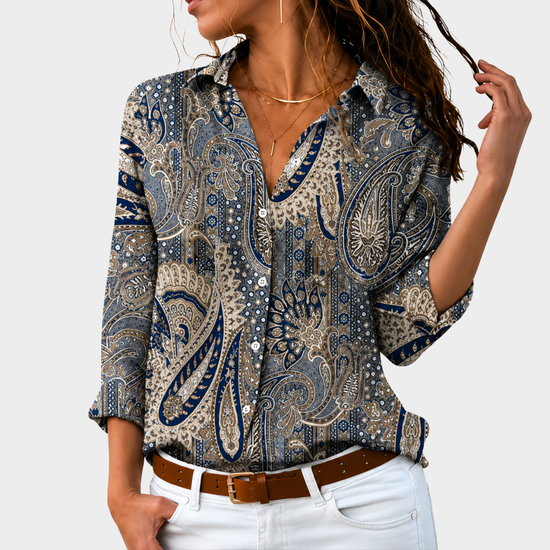 Tereza — Blusa Paisley Azul e Bege