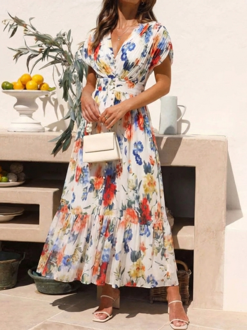 Radka — Multicolour Floral V-Neck Midi Dress with Flutter Sleeves