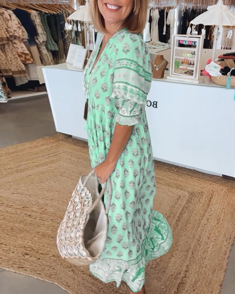 Wilmette — Printed V-Neck Maxi Dress with Tassel Tie and Fringe Hem