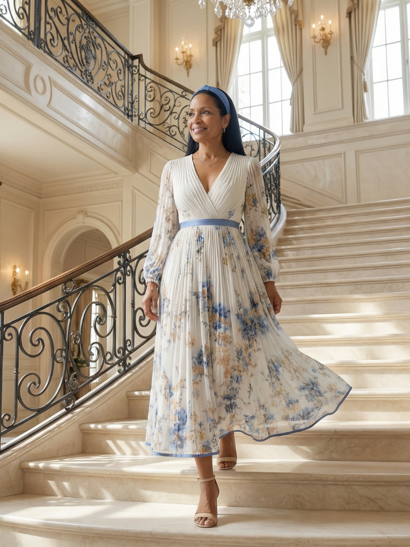 Christabel — Pleated Floral Wrap Dress with Contrast Waist