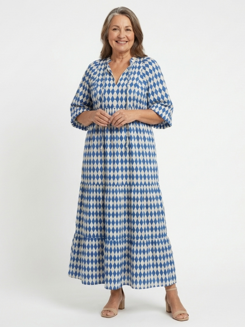 Gytha — Blue Diamond-Print Tiered Maxi Dress with Notch Neckline