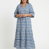 Gytha — Blue Diamond-Print Tiered Maxi Dress with Notch Neckline