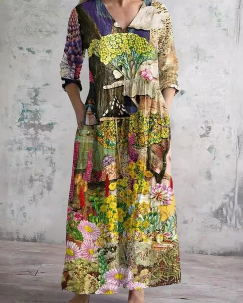 Ulrike — Yellow Bouquet Print V-Neck Maxi Dress