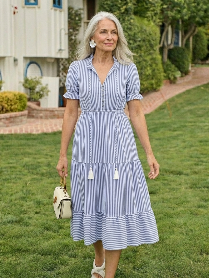 Juta — Periwinkle Blue V-Neck Tiered Midi Dress with Tassel Ties