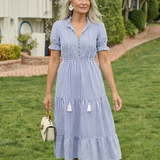 Juta — Periwinkle Blue V-Neck Tiered Midi Dress with Tassel Ties