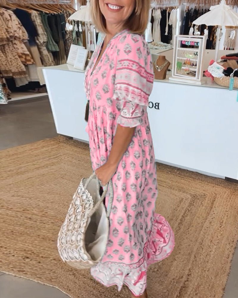 Wilmette — Printed V-Neck Maxi Dress with Tassel Tie and Fringe Hem