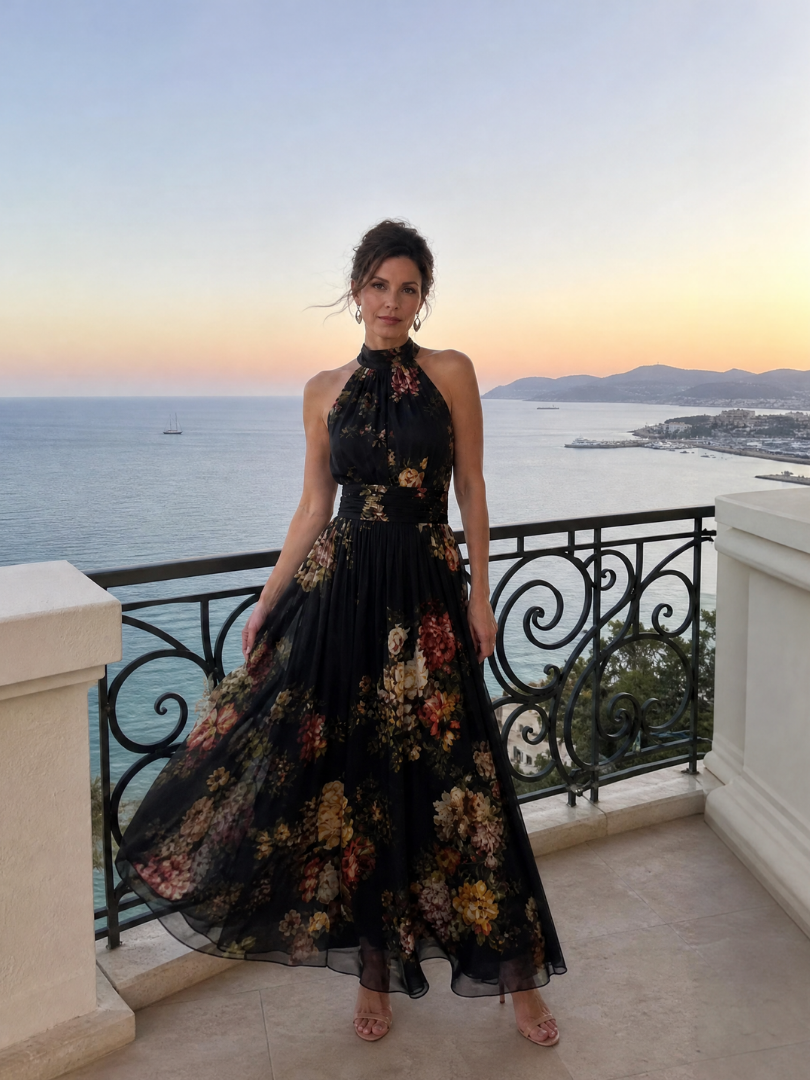 Ethne — Black Floral Halter Midi Dress with Gathered Bodice