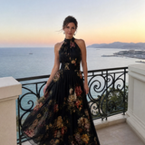 Ethne — Black Floral Halter Midi Dress with Gathered Bodice
