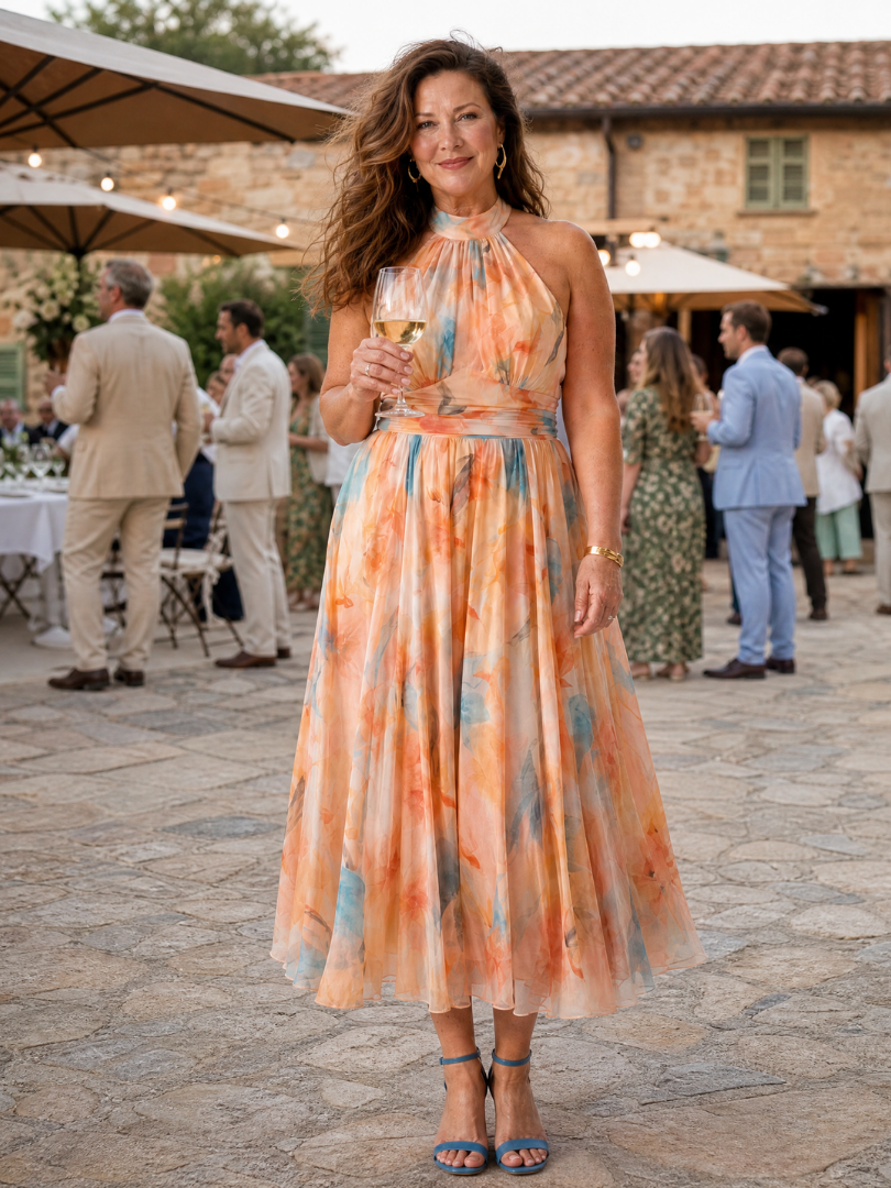 Elgiva — Apricot Watercolour Halter Midi Dress with Gathered Bodice