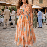 Elgiva — Apricot Watercolour Halter Midi Dress with Gathered Bodice
