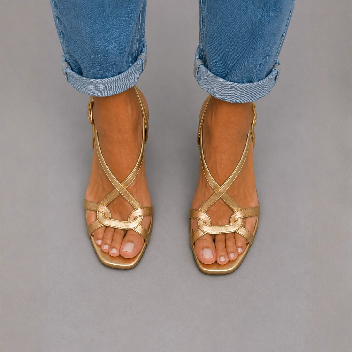 Frida — Golden Strappy Kitten-Heel Sandals