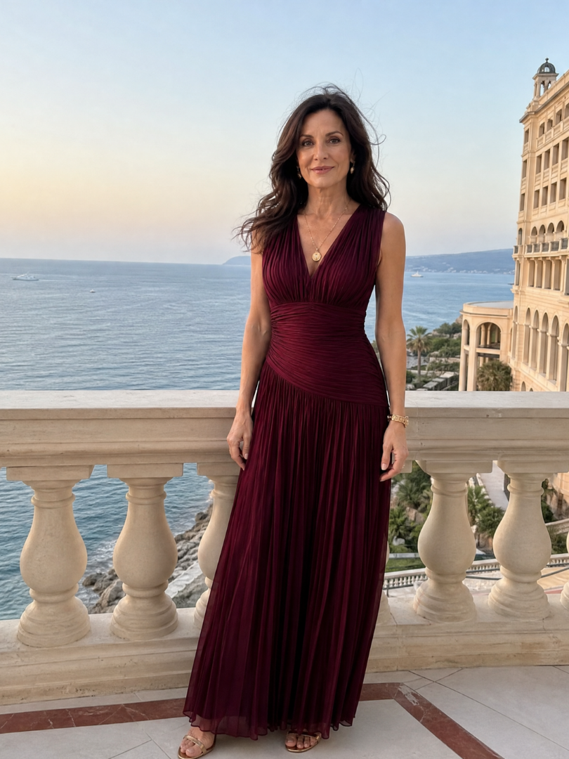 Olimpia — Burgundy Pleated V-Neck Midi Dress with Gathered Waist