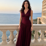 Olimpia — Burgundy Pleated V-Neck Midi Dress with Gathered Waist
